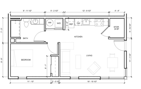 Floor plan for 1 bed, 1 bath, 612 sqft